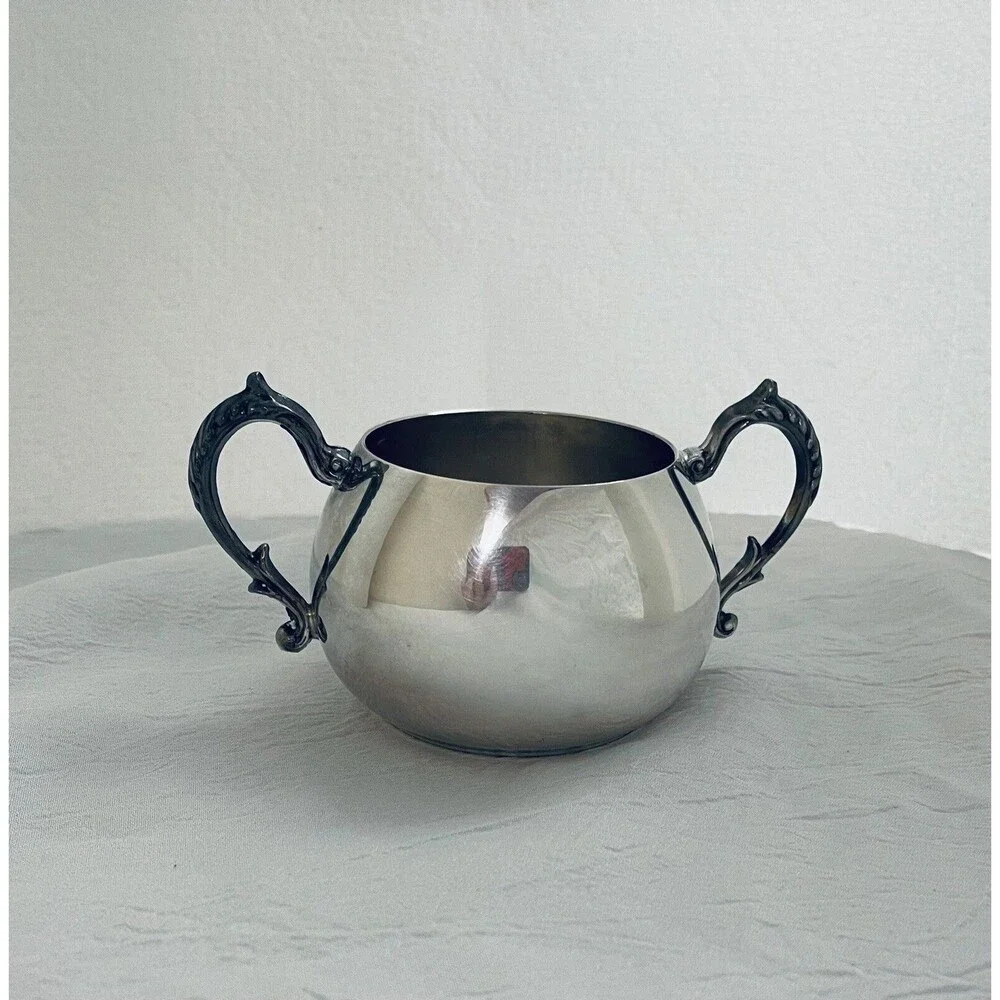 Sheridan Silver On Copper Open Sugar Bowl With Ornate Handles 2.5